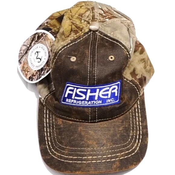 Fisher Refrigeration Camo Hat Distressed Leather Look Baseball Cap Adjustable - Picture 1 of 6